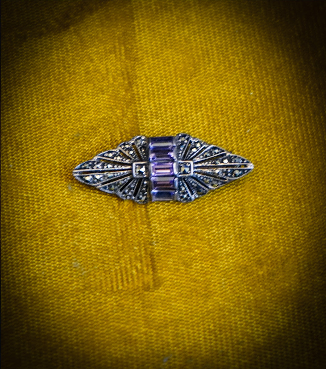 925 Sterling Silver, Amethyst and Marcasite Brooch Taxco 1940s